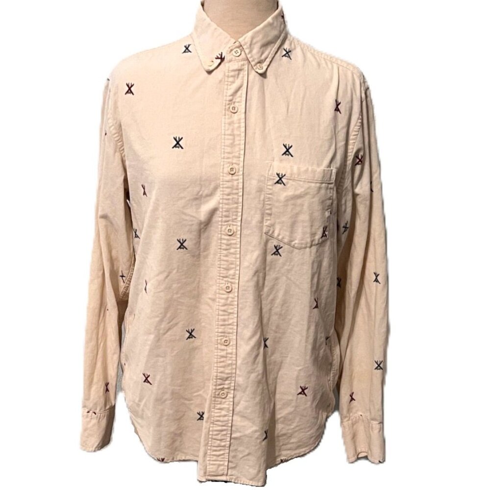 J. Crew Corduroy Vintage Shirt Men Medium Cream Ski Print Button Down Corduroy